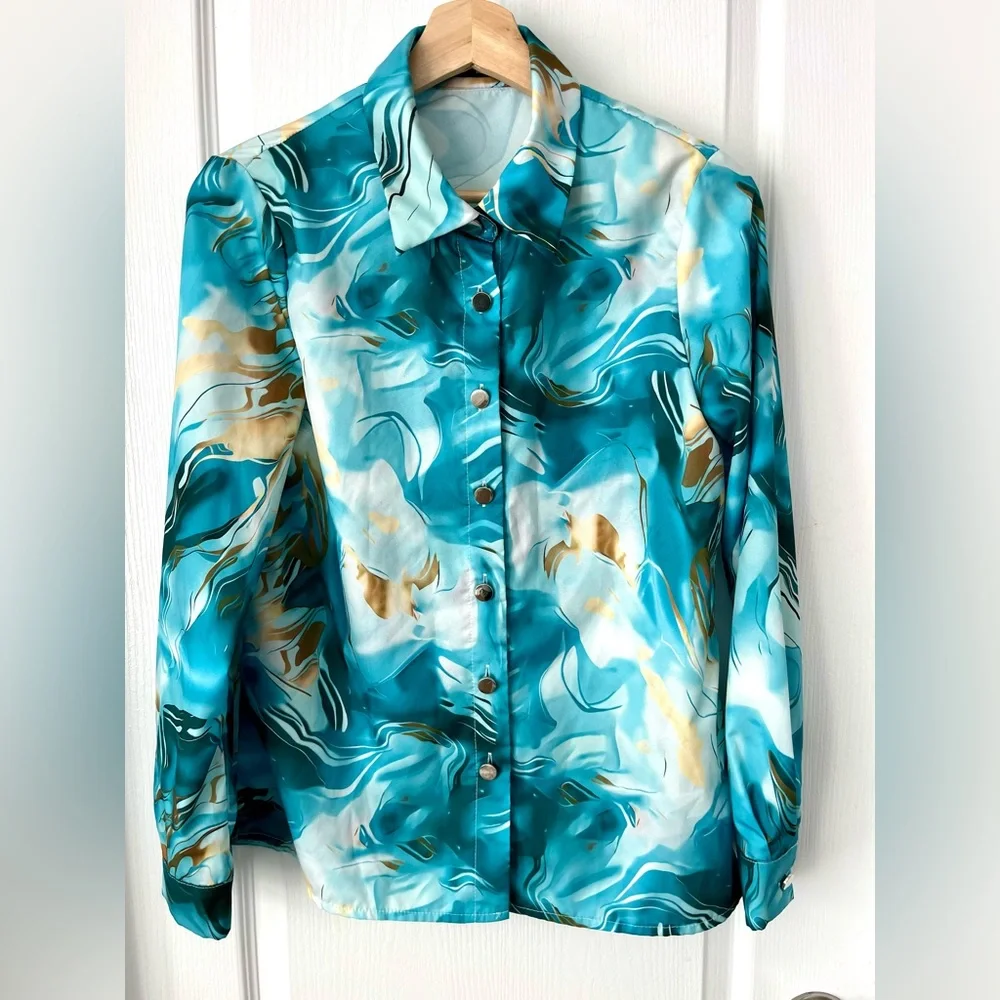 SHEIN Blue Marble Print Satin Button Up Blouse - Size Small - Picture 2 of 10